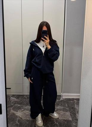 Женский костюм спортивный polo s m l кофта с капюшоном и брюки с затяжками качественная двухнить модный 2-ка женские костюмы темни синий, 42/44