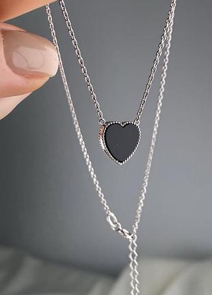 Серебряная цепочка колье с ониксом сердечко