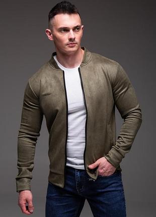Чоловічий замшевий бомбер хакі casual