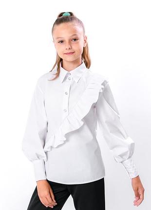 Блуза для дівчинки з рюшем, біла поплін, 122см, 128см, 134см, 140см, 146см, 152см, 158см, 164см, 170см