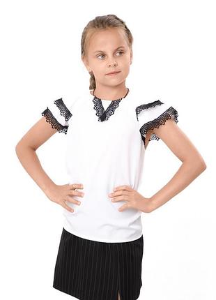 Блузка для девочки с коротким рукавом, белая софт, 128см, 134см, 140см 140