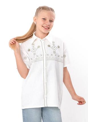 Сорочка рубашка вишиванка для дівчинки, з коротким рукавом, біла льон-віскоза, 140см, 146см, 152см, 158см, 164см, 170см 158