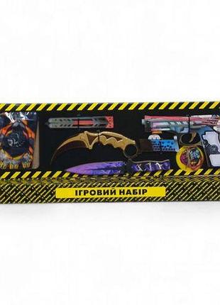 Игровой набор "big box hexagon", деревянный - резинкострел, ножи, перчатки, брелок