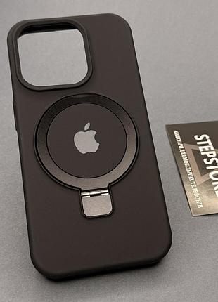 Чехол silicone case stand для iphone 15 pro с металлическим кольцом-подставкой magsafe и микрофиброй
