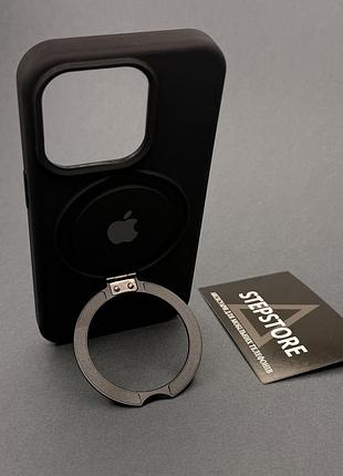 Чехол silicone case stand для iphone 15 pro с металлическим кольцом-подставкой magsafe и микрофиброй 3