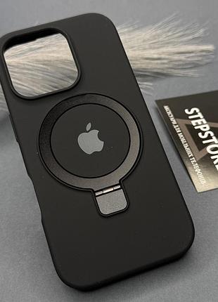 Чехол silicone case stand для iphone 16 pro max с металлическим кольцом-подставкой magsafe и микрофиброй