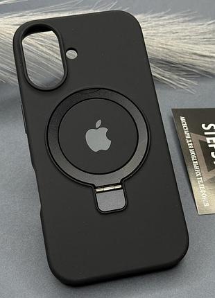 Чехол silicone case stand для iphone 16 6.1 с металлическим кольцом-подставкой magsafe и микрофиброй