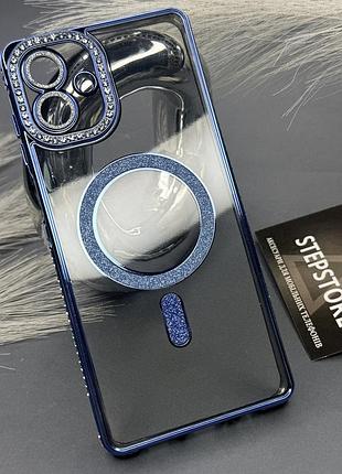 Чехол для samsung a07 (а075) с magsafe со стразами линзами на камеру блестками прозрачный противоударный синий