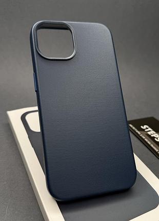 Чехол leather case для iphone 14 с magsafe без лoго под кожу с закрытым низом с микрофиброй синий(blue)