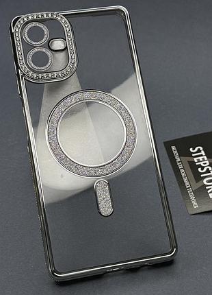 Чехол для samsung a07 (а075) с magsafe со стразами линзами на камеру блестками прозрачный противоударный серебристый