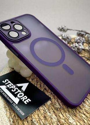 Чохол для iphone 13 pro max з лінзами на камеру magsafe матовий з кольоровим обідком прозорий протиударний фіолетовий