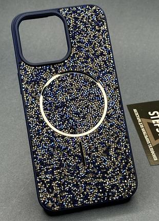 Чехол для iphone 15 pro max с камушками стразами силиконовый противоударный блестящий женский с magsafe блестящий
