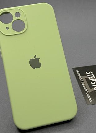 Чехол квадратный silicone case для iphone 14 full camera с микрофиброй закрытым низом камерой мятный (mint)
