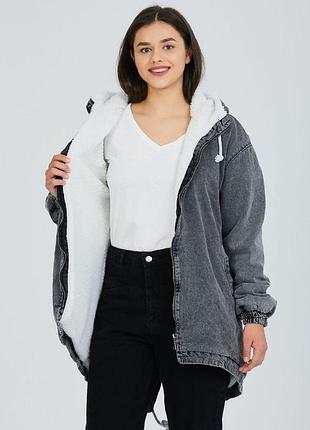 Куртка джинсова зимова з капюшоном утеплена хутром чоловіча та жіноча "denim" сіра