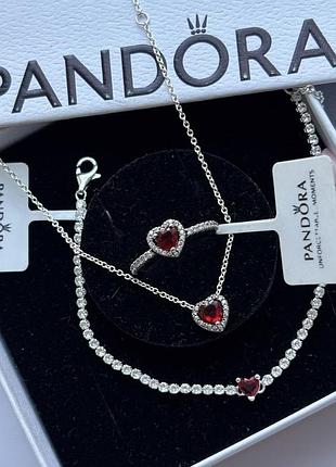 Набір прикрас пандора червоне серце кільце, браслет і кольє pandora 18
