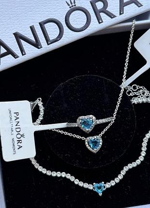 Набір прикрас пандора блакитне серце каблучка, кольє та браслет pandora 15