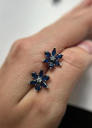 Серьги синий цветок серебряные пандора pandora