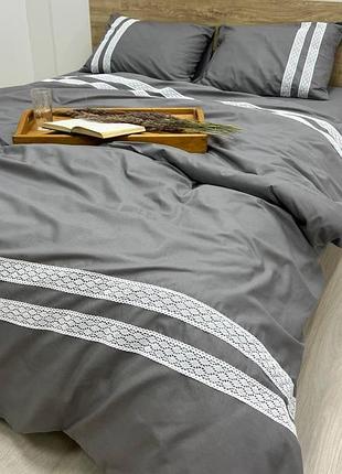 Постільна білизна з мереживом бязь gold luxe полуторний нав. 70х70 сірий