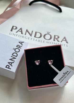 Серьги-гвоздики сердечка розовые серебряные пандора pandora