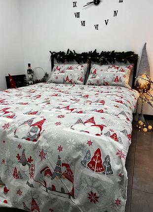 Комплект постельного белья двуспальный 175х210 бязь gold luxe наволочки 50х70 новогодний гном на сером