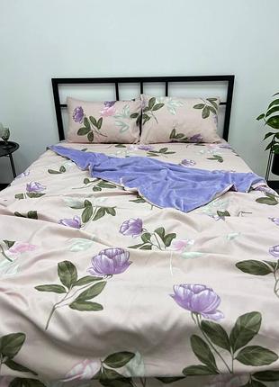 Комплект постільної білизни євро 200х230 фаланель з велюром colorful home наволочки 50х70 рожевий лаванда квіти