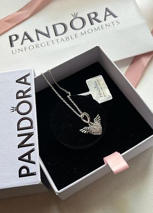 Кулон-кольє пандора біле серце крила янгола pandora