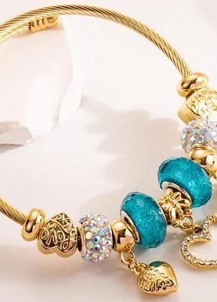 Браслет twisted rope з підвісками у формі сердець та шармами - blue&gold