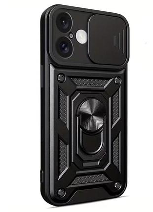 Чехол primo shockproof для apple iphone 16 - противоударный, с подставкой и шторкой для камеры - black
