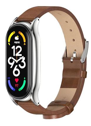 Кожаный ремешок primo mijobs для фитнес-браслета xiaomi mi smart band 7 - brown&silver