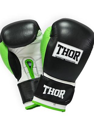 Рукавички боксерські thor typhoon 16oz / шкіра / чорно-зелено-білі