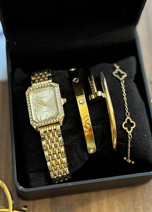 Подарочный набор украшений в кробке gonchar&co. gold white "картье" 3шт браслеты + часы, медзолото 77-722
