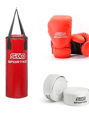 Боксерский набор (детский 5-7 лет) sportko мешок мп-6 75*29 15 кг, перчатки 6 унц пд2-6-oz, бинты 200 см в00 красный/белый