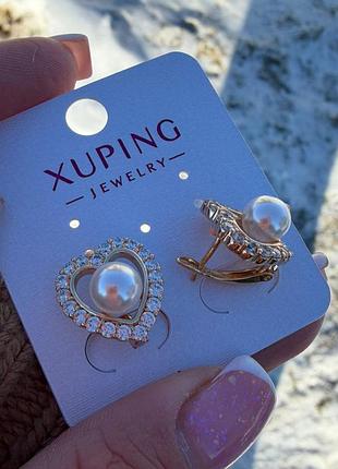 Серьги сердечки с жемчужиной 1.5см xuping ювелирный сплав (18к цвет золота 585п) 322-010