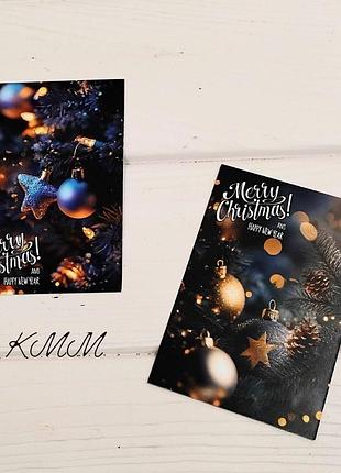 Листівка merry christmas and happy new year (синя, кульки) 100х70мм - 1шт