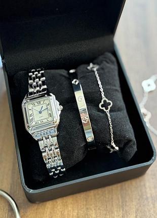 Подарочный набор украшений в кробке gonchar&co. silver «classic white» картье, клевер 2шт браслеты + часы, медсплав 77-728