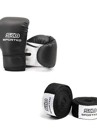 Боксерский набор sportko (подростковый) перчатки пд2-10-oz 10унц, бинты 300 см в1 черный