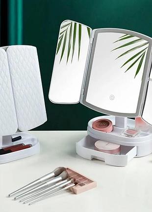 Косметическое тройное зеркало с подсветкой от usb, зеркало для макияжа сенсорное с подставкой tpsp