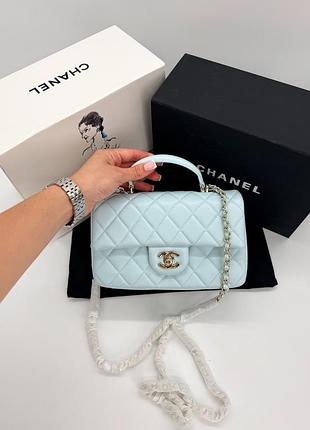 Chanel classic flap top handle blue with champagne silver 20x12x6