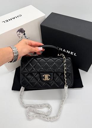 Chanel classic flap top handle black with champagne silver 20x12x6