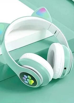 Беспроводные bluetooth наушники с кошачьими ушками и цветной подсветкой мятный