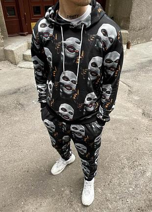 Принтованный мужской спортивный черный костюм