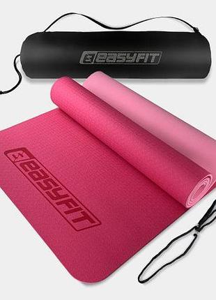 Килимок для йоги та фітнесу easyfit tpe+tc 6 мм двошаровий + чохол рожевий со св. рожевим