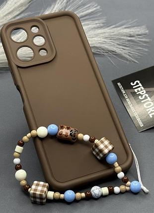 Чохол для xiaomi redmi 12 прозорий з принтом і ланцюжком із намистин силіконовий захист камери коричневий