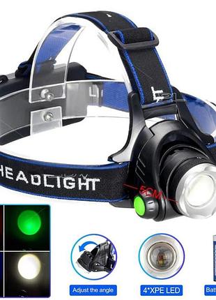 Фонарь налобный pld-v9-f-4xpe (white+red+blue+green), 2x18650, зу type-c, zoom, box