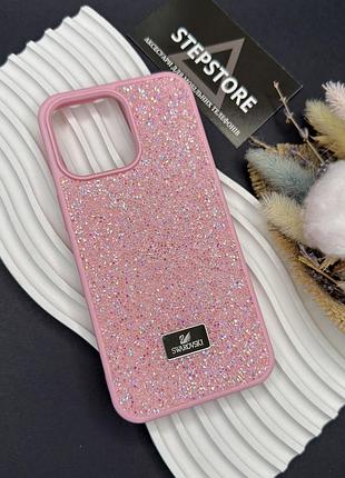 Чехол для iphone 15 pro max с камушками стразами силиконовый противоударный блестящий женский розовый