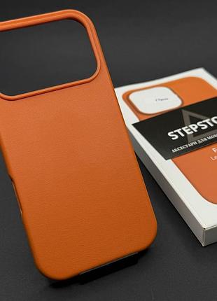Чохол leather case для iphone 17 pro 6.3 з magsafe без лого з анімацією під шкіру із закритим низом жовтогарячий