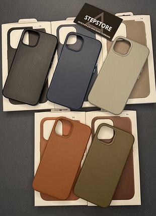 Чехол leather case для iphone 14 с magsafe без лoго под кожу с закрытым низом с микрофиброй
