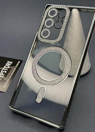 Чехол для samsung s22 ultra g908 с magsafe со стразами линзами на камеру блестками прозрачный противоударный