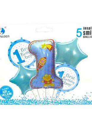 Повітряні кульки фольговані набір "first birthday-boy" 5 шт. = 1 шт.*80 см + 4 шт.*45 см