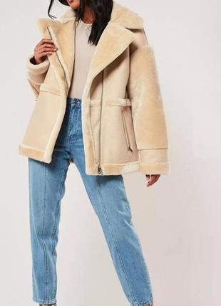 Шикарная дублёнка авиатор missguided, мягкая, стильная кремовая1 фото